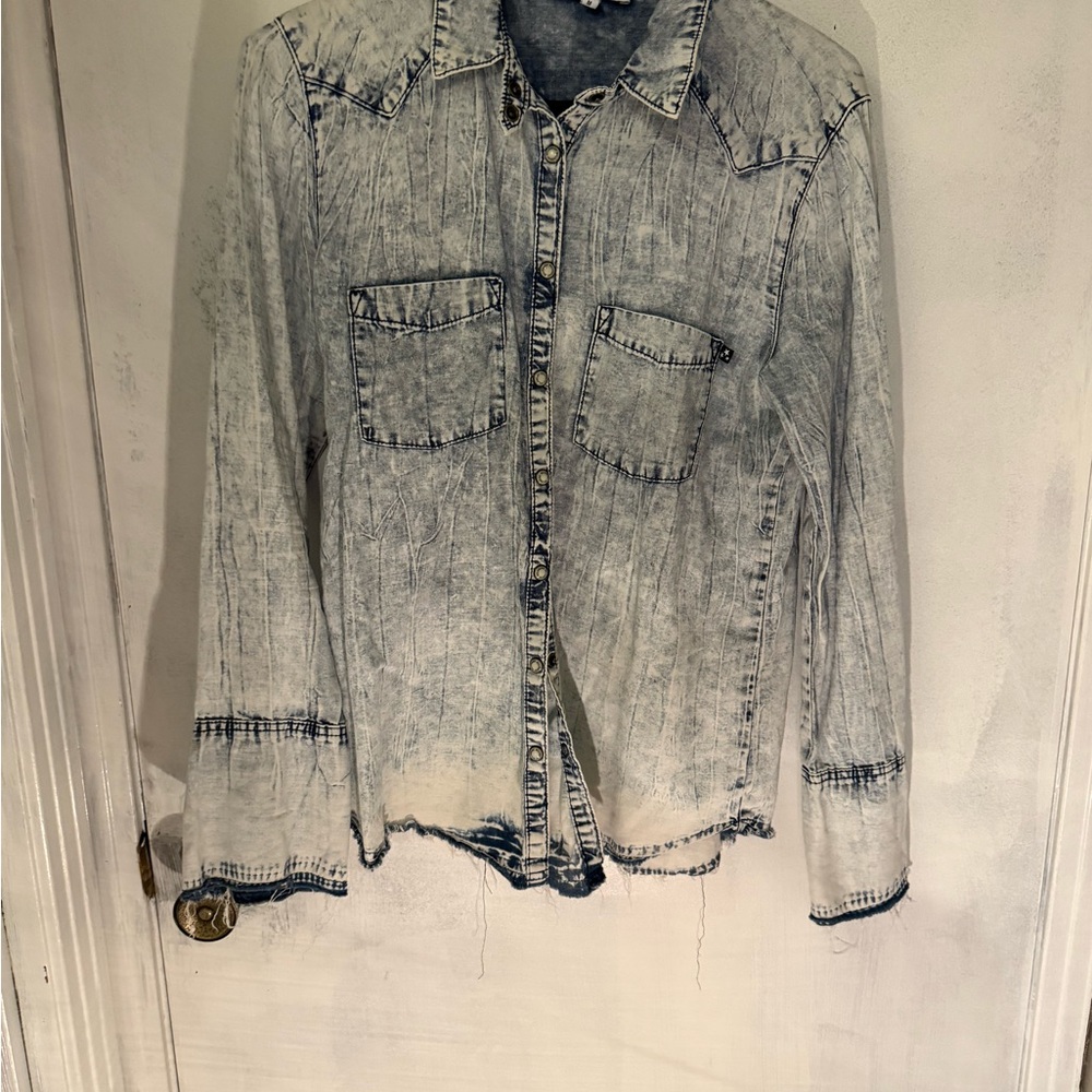 William Rast Distressed Denim Snap-up Shirt